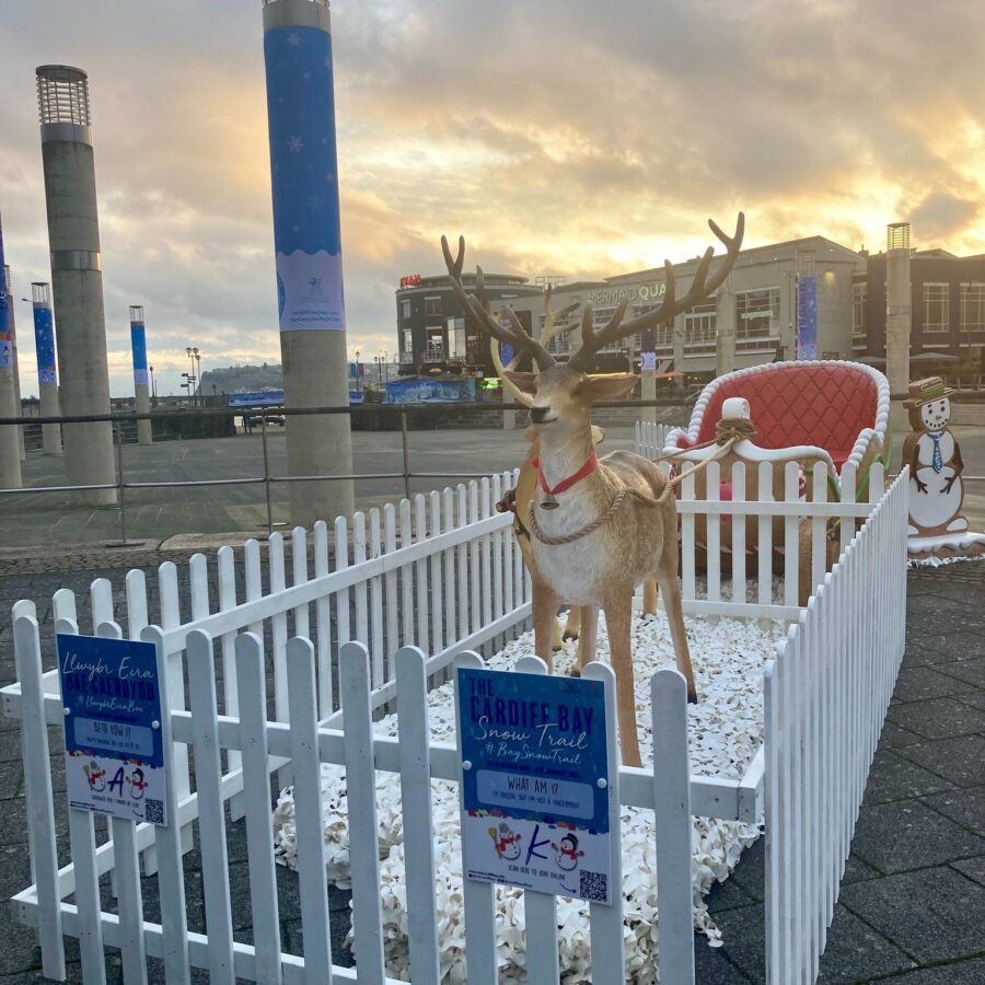 A festive reindeer and sleigh positioned in the Bay.